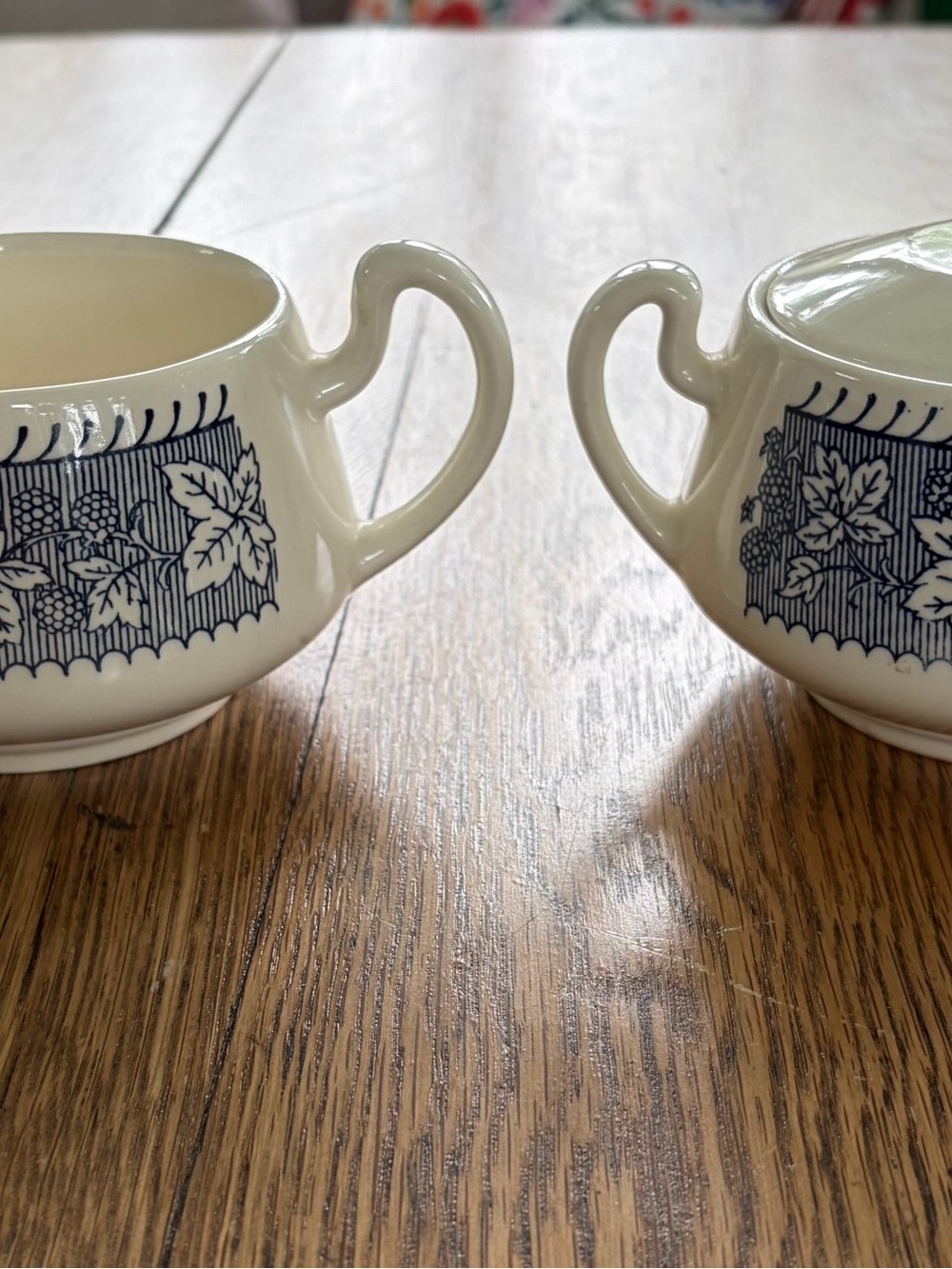 Classic White Ceramic Sugar and Creamer Set-Blue Vine Pattern- Homer Laughlin